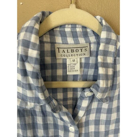 Talbots Top Women L Drawstring Blue Linen Gingham Plaid Long Sleeve Capsule VTG - Picture 3 of 12